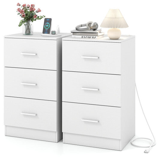 Costway Set of 2 Nightstand with Charging Station End Table with 3 Storage Drawers Bedside Table for Bedroom-White