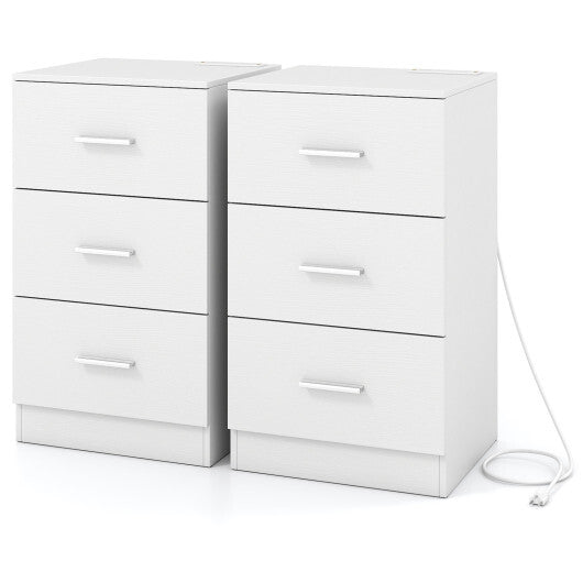 Costway Set of 2 Nightstand with Charging Station End Table with 3 Storage Drawers Bedside Table for Bedroom-White
