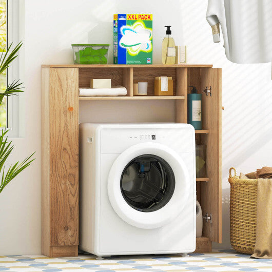 Costway Over The Toilet Storage Cabinet with 2 Open Compartments and 4 Adjustable Shelves-Natural