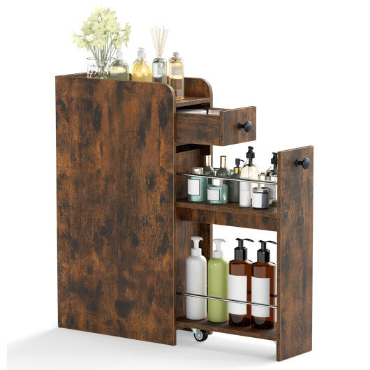 Costway Small Bathroom Storage Cabinet 4-Tier with Slide Out Drawers on Casters-Brown