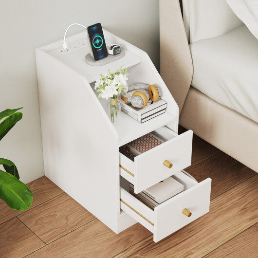 Costway Side End Table with Charging Station Sofa Couch Table with Shelf Drawers-White