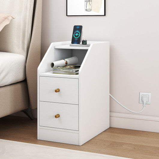 Costway Side End Table with Charging Station Sofa Couch Table with Shelf Drawers-White