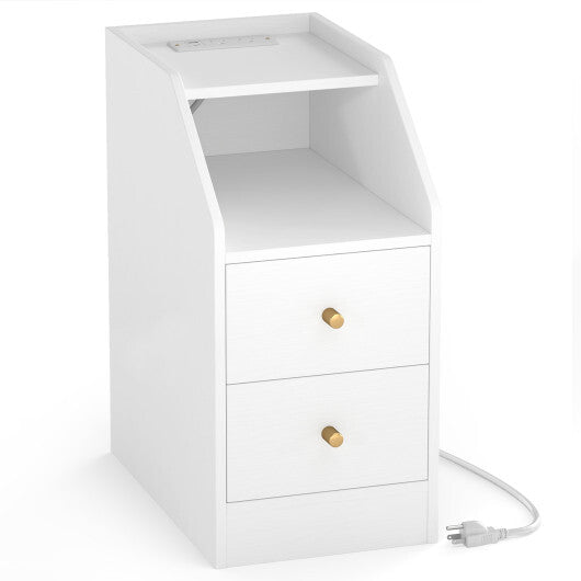 Costway Side End Table with Charging Station Sofa Couch Table with Shelf Drawers-White
