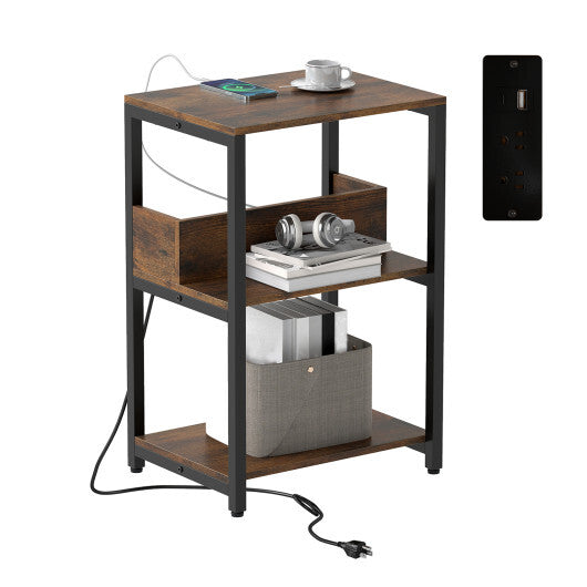 Costway Side End Table with Charging Station and Open Shelves-Rustic Brown
