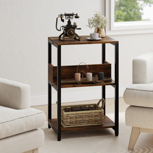 Costway Side End Table with Charging Station and Open Shelves-Rustic Brown