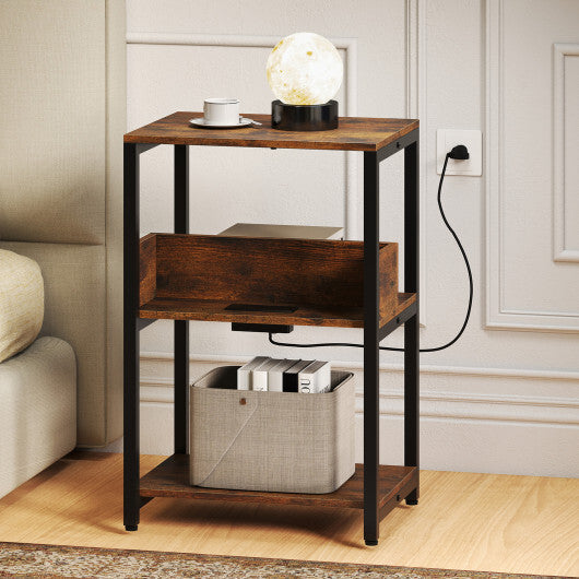 Costway Side End Table with Charging Station and Open Shelves-Rustic Brown