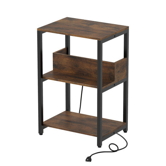 Costway Side End Table with Charging Station and Open Shelves-Rustic Brown