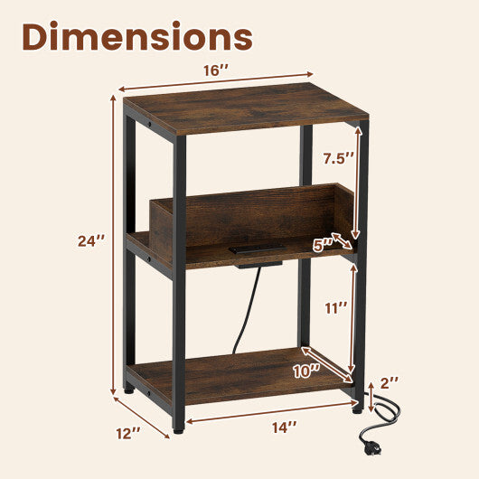 Costway Side End Table with Charging Station and Open Shelves-Rustic Brown