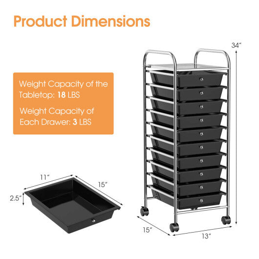 Costway 10 Drawer Rolling Storage Cart Organizer with 4 Universal Casters-Black