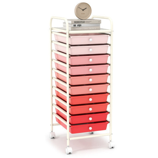 Costway 10 Drawer Rolling Storage Cart Organizer with 4 Universal Casters-Gradient Pink