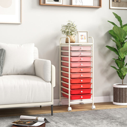 Costway 10 Drawer Rolling Storage Cart Organizer with 4 Universal Casters-Gradient Pink