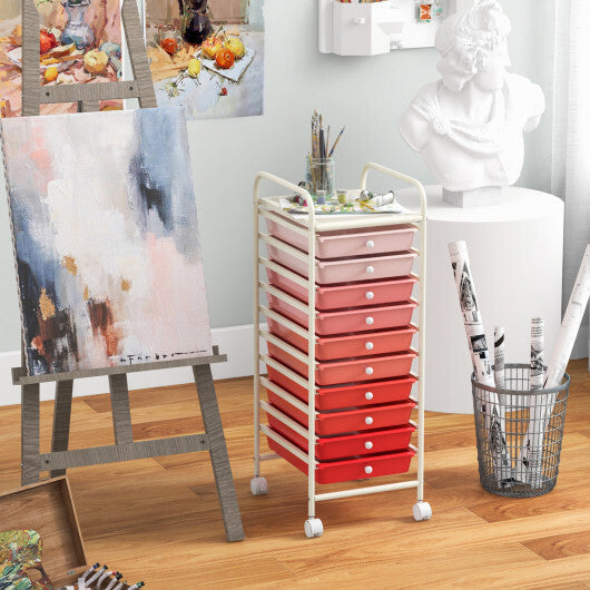 Costway 10 Drawer Rolling Storage Cart Organizer with 4 Universal Casters-Gradient Pink