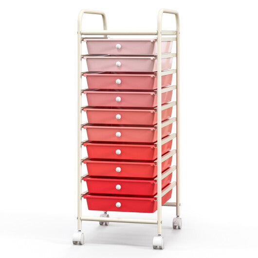 Costway 10 Drawer Rolling Storage Cart Organizer with 4 Universal Casters-Gradient Pink