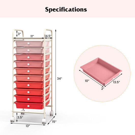 Costway 10 Drawer Rolling Storage Cart Organizer with 4 Universal Casters-Gradient Pink