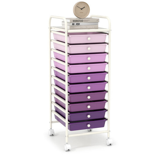 Costway 10 Drawer Rolling Storage Cart Organizer with 4 Universal Casters-Purple