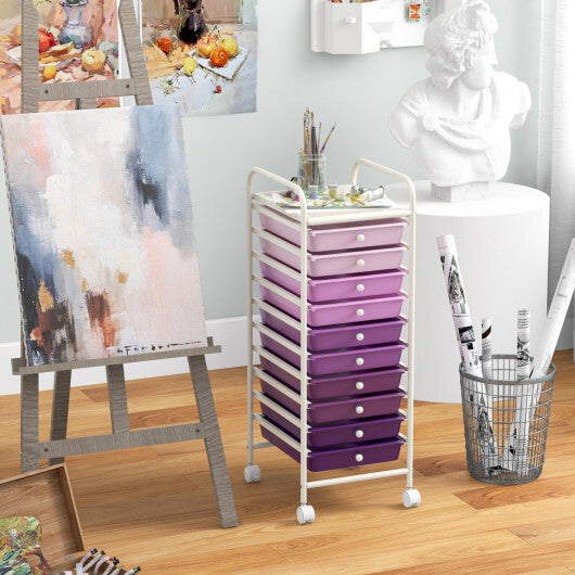 Costway 10 Drawer Rolling Storage Cart Organizer with 4 Universal Casters-Purple