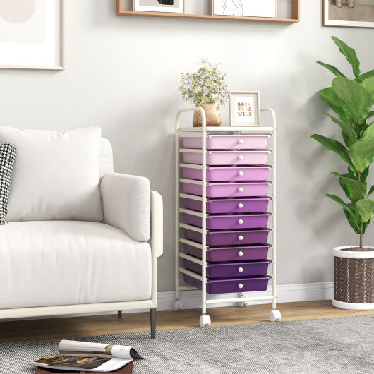 Costway 10 Drawer Rolling Storage Cart Organizer with 4 Universal Casters-Purple