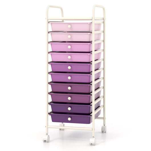 Costway 10 Drawer Rolling Storage Cart Organizer with 4 Universal Casters-Purple