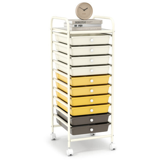 Costway 10 Drawer Rolling Storage Cart Organizer with 4 Universal Casters-Yellow