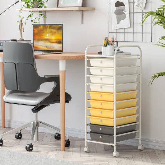 Costway 10 Drawer Rolling Storage Cart Organizer with 4 Universal Casters-Yellow