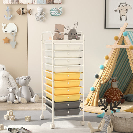 Costway 10 Drawer Rolling Storage Cart Organizer with 4 Universal Casters-Yellow