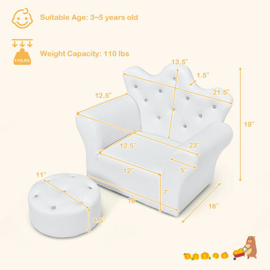 Costway Children Upholstered Princess Sofa with Ottoman and Diamond Decoration for Boys and Girls-White
