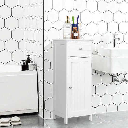 Costway Wooden Bathroom Floor Storage Cabinet with Drawer and Shelf