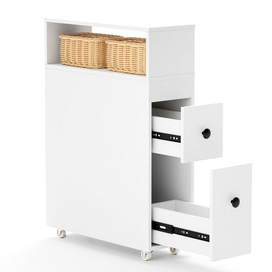 Costway Slim Bathroom Cabinet Wooden Toilet Organizer with Deep Slide Out Drawers