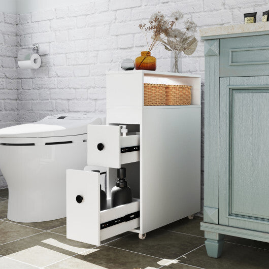 Costway Slim Bathroom Cabinet Wooden Toilet Organizer with Deep Slide Out Drawers
