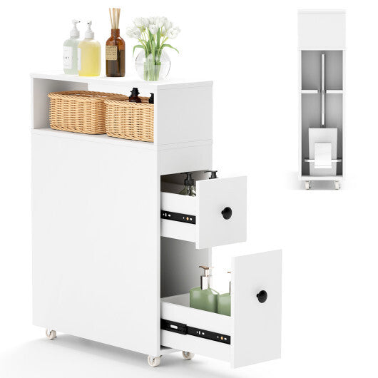 Costway Slim Bathroom Cabinet Wooden Toilet Organizer with Deep Slide Out Drawers