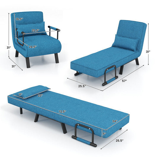 Costway Folding 6 Position Convertible Sleeper Bed Armchair Lounge Couch with Pillow-Blue