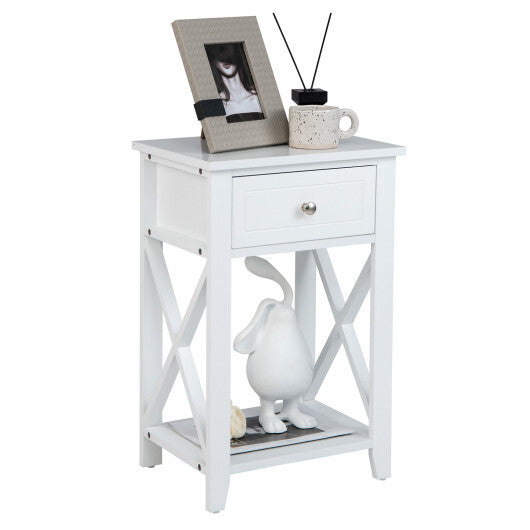 Costway Storage End Bedside Drawer Nightstand w/ Bottom Shelf-White