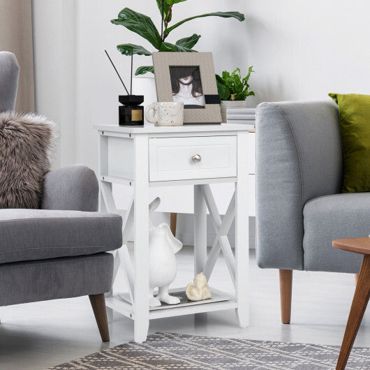 Costway Storage End Bedside Drawer Nightstand w/ Bottom Shelf-White