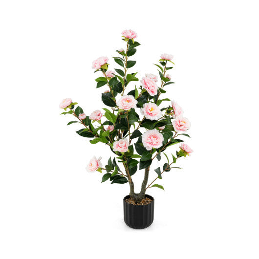 Costway 38 Inch Artificial Camellia Tree Faux Flower Plant in Cement Pot-Pink