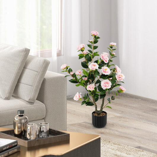 Costway 38 Inch Artificial Camellia Tree Faux Flower Plant in Cement Pot-Pink