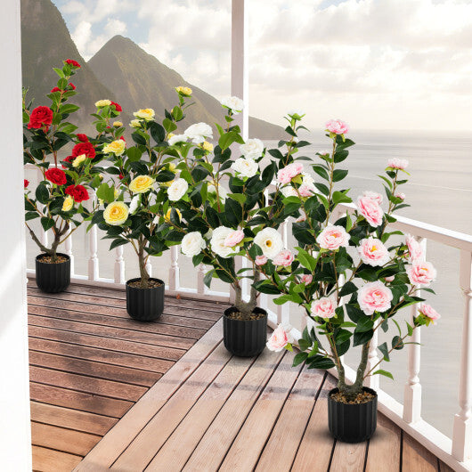 Costway 38 Inch Artificial Camellia Tree Faux Flower Plant in Cement Pot-Pink