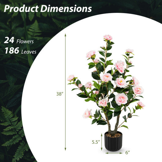 Costway 38 Inch Artificial Camellia Tree Faux Flower Plant in Cement Pot-Pink