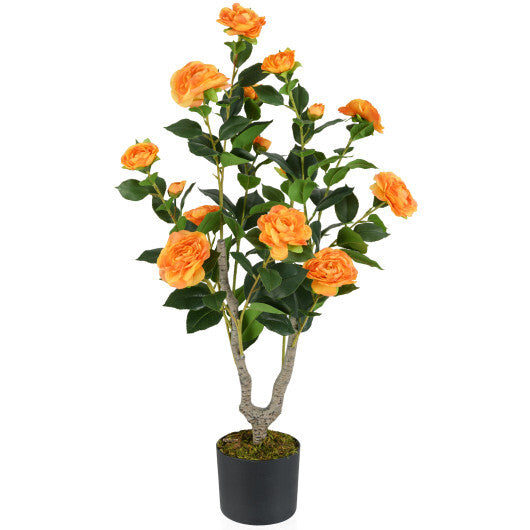 Costway 36 Inch Artificial Camellia Tree with Blooming Flower 1 Pack-Orange