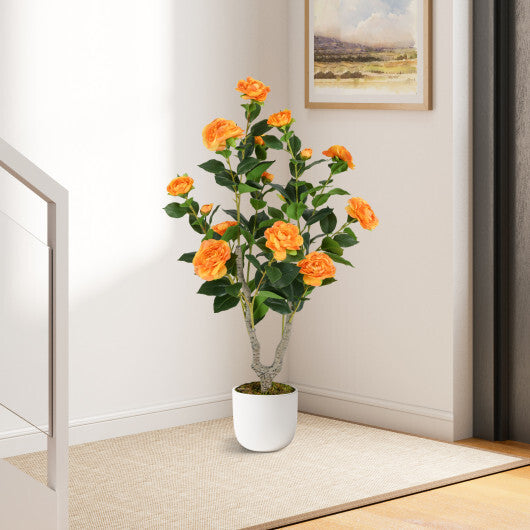 Costway 36 Inch Artificial Camellia Tree with Blooming Flower 1 Pack-Orange