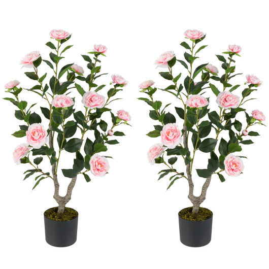 Costway 36 Inch Artificial Camellia Tree with Blooming Flower 2 Pack-Pink