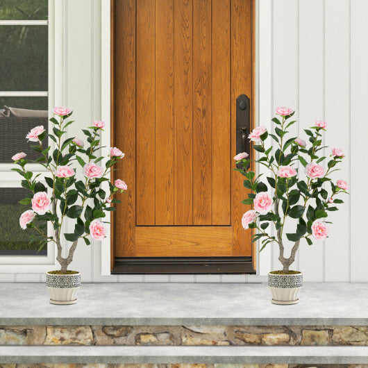 Costway 36 Inch Artificial Camellia Tree with Blooming Flower 2 Pack-Pink