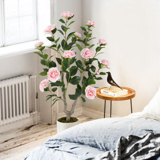 Costway 36 Inch Artificial Camellia Tree with Blooming Flower 2 Pack-Pink