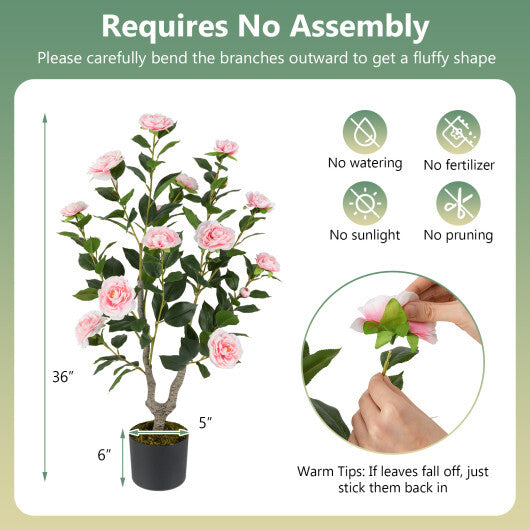 Costway 36 Inch Artificial Camellia Tree with Blooming Flower 2 Pack-Pink