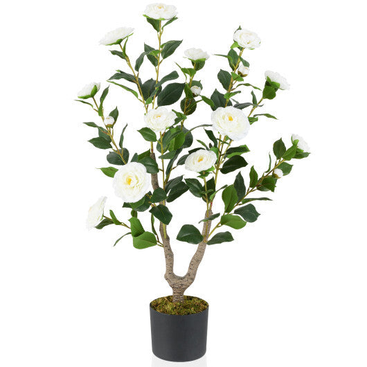 Costway 36 Inch Artificial Camellia Tree with Blooming Flower 1 Pack-White