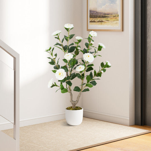 Costway 36 Inch Artificial Camellia Tree with Blooming Flower 1 Pack-White