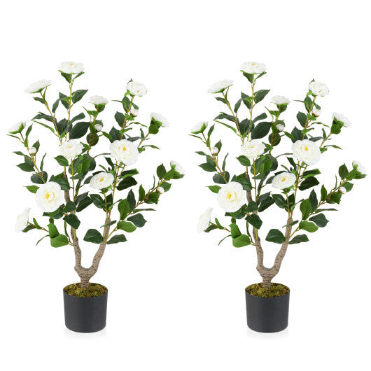 Costway 36 Inch Artificial Camellia Tree with Blooming Flower 2 Pack-White