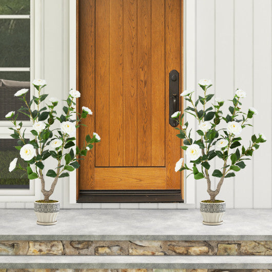 Costway 36 Inch Artificial Camellia Tree with Blooming Flower 2 Pack-White