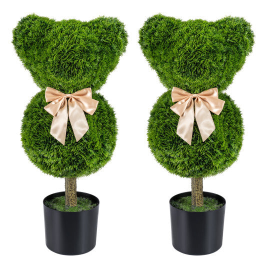 Costway 2 Pieces Bear Topiary Trees with Pots Sun-resistant Bear-Shaped Boxwood Faux Plants