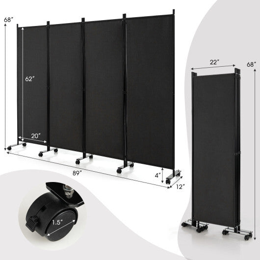Costway 4-Panel Folding Room Divider 6 Feet Rolling Privacy Screen with Lockable Wheels-Black