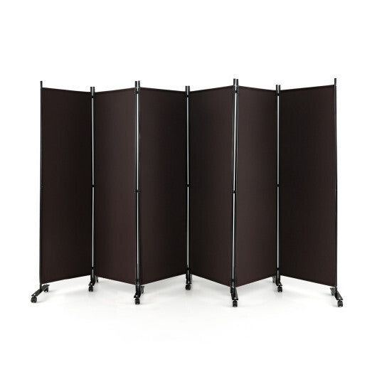 Costway 6 Panel 5.7 Feet Tall Rolling Room Divider on Wheels-Brown